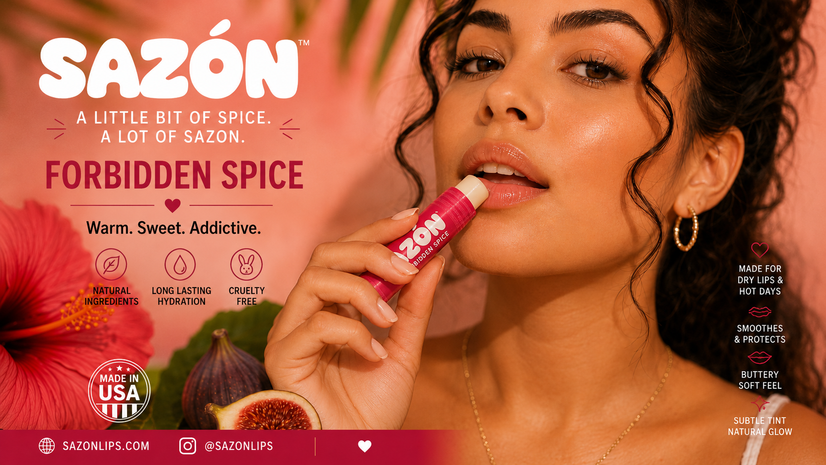 Model applying Sazón lip balm at a tropical resort